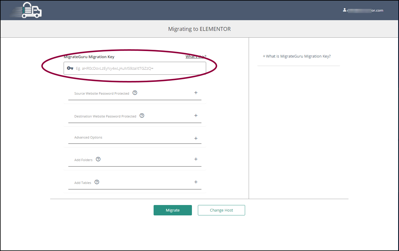 12 Enter the key in the MigrateGuru Migration key Migrate your site to Elementor Hosting 23