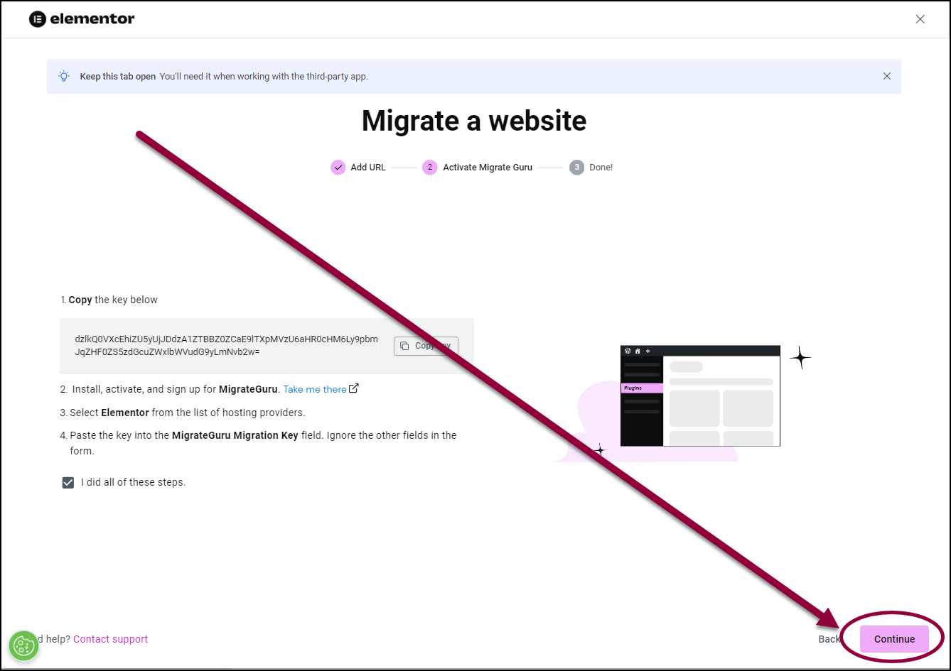 17 Click continue Migrate your site to Elementor Hosting 33