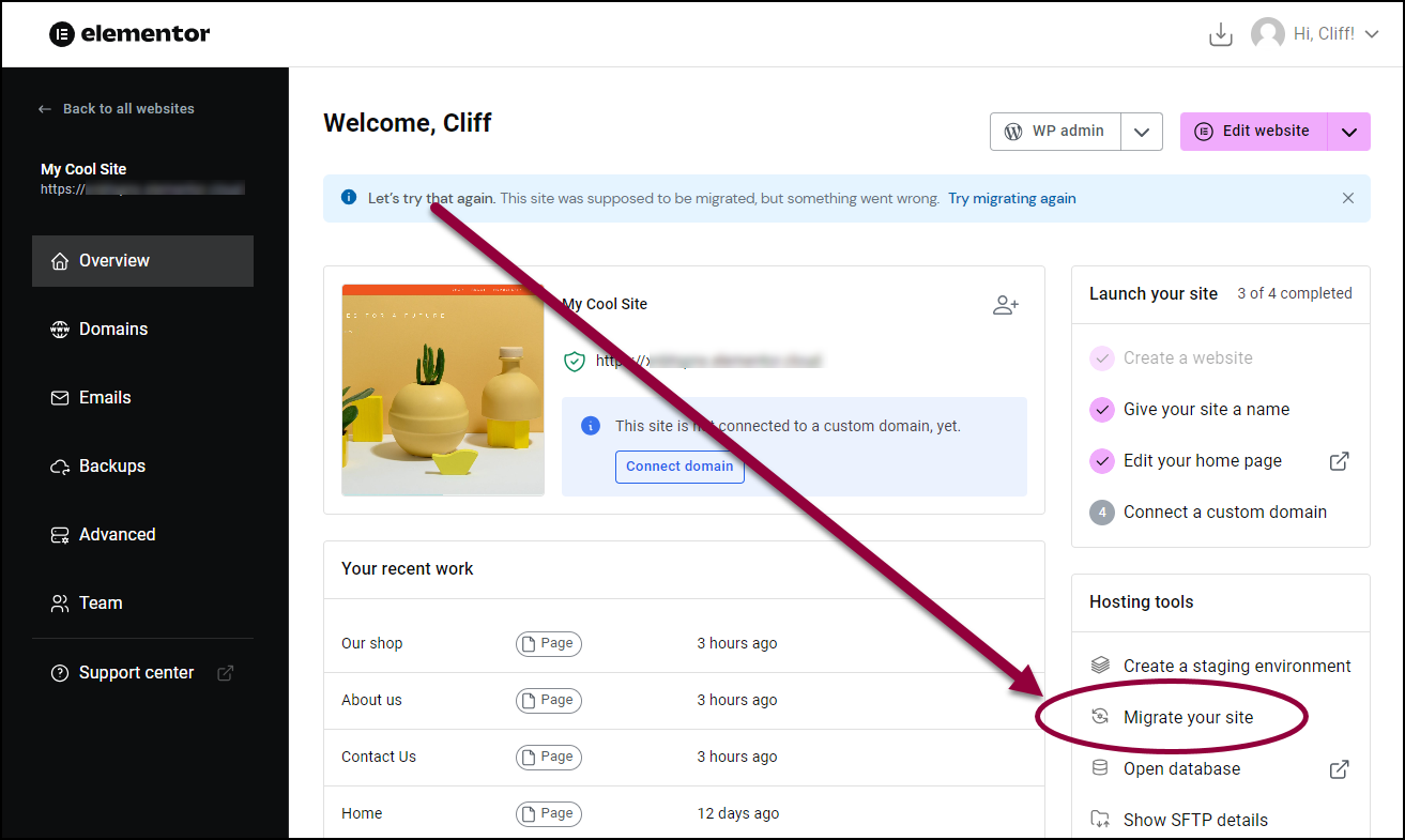 Click Migrate your site 1 Migrate your site to Elementor Hosting 39